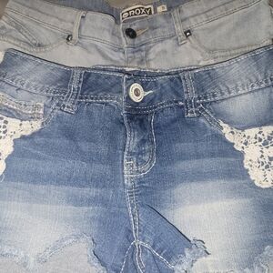 BUNDLE 2 PAIR Roxy Light Blue Denim Overalls with Lace Accents